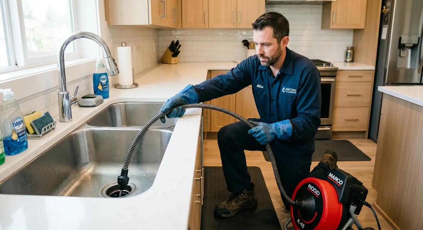 Drain cleaning technician using a motorized snake on a kitchen sink in Hialeah
