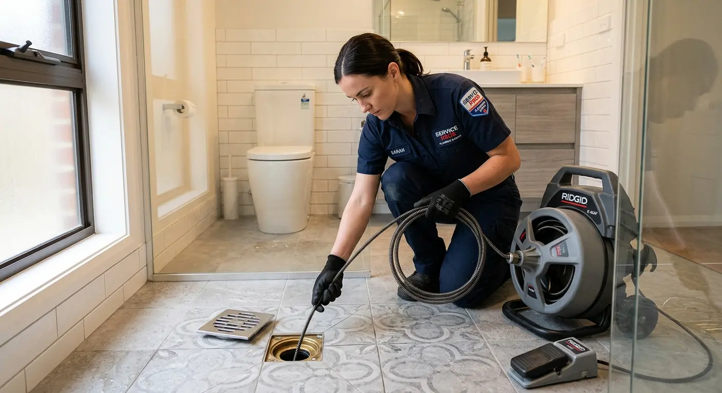 Technician clearing a bathroom floor drain for Sewer Line Replacement in Hialeah